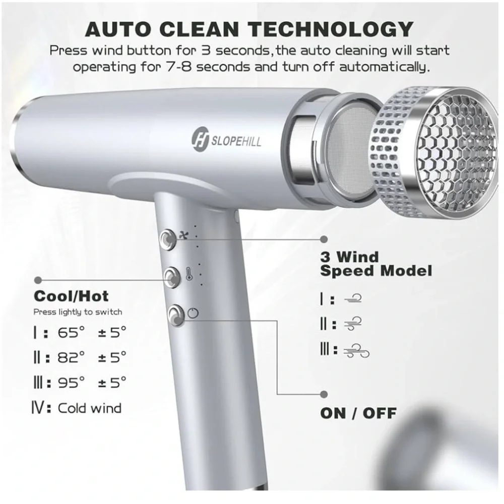 Silver Compact Low Noise 2000W Travel Hair Dryer with attachments #HB4